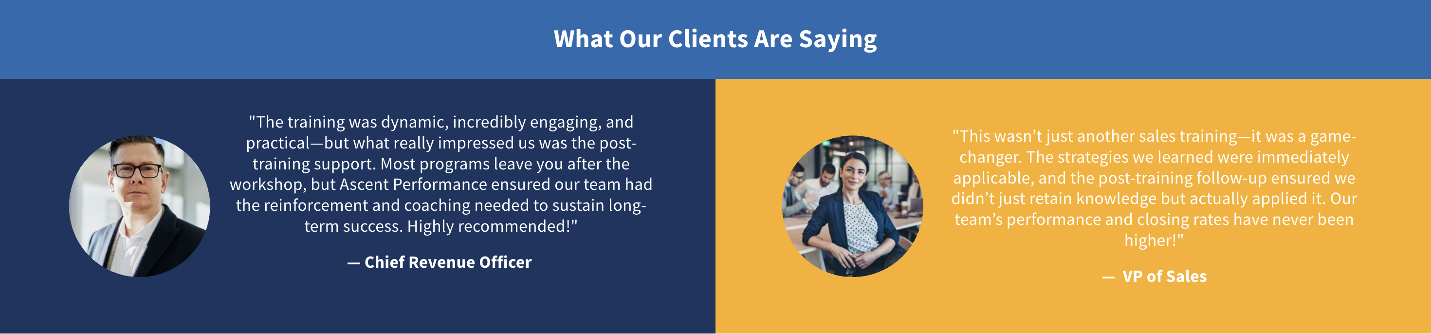 What Our Clients Are Saying — testimonials from a Chief Revenue Officer and a VP of Sales